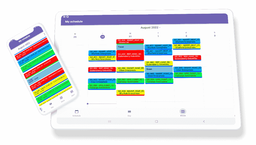 Dime.Scheduler app showing a personal schedule on a phone and a tablet