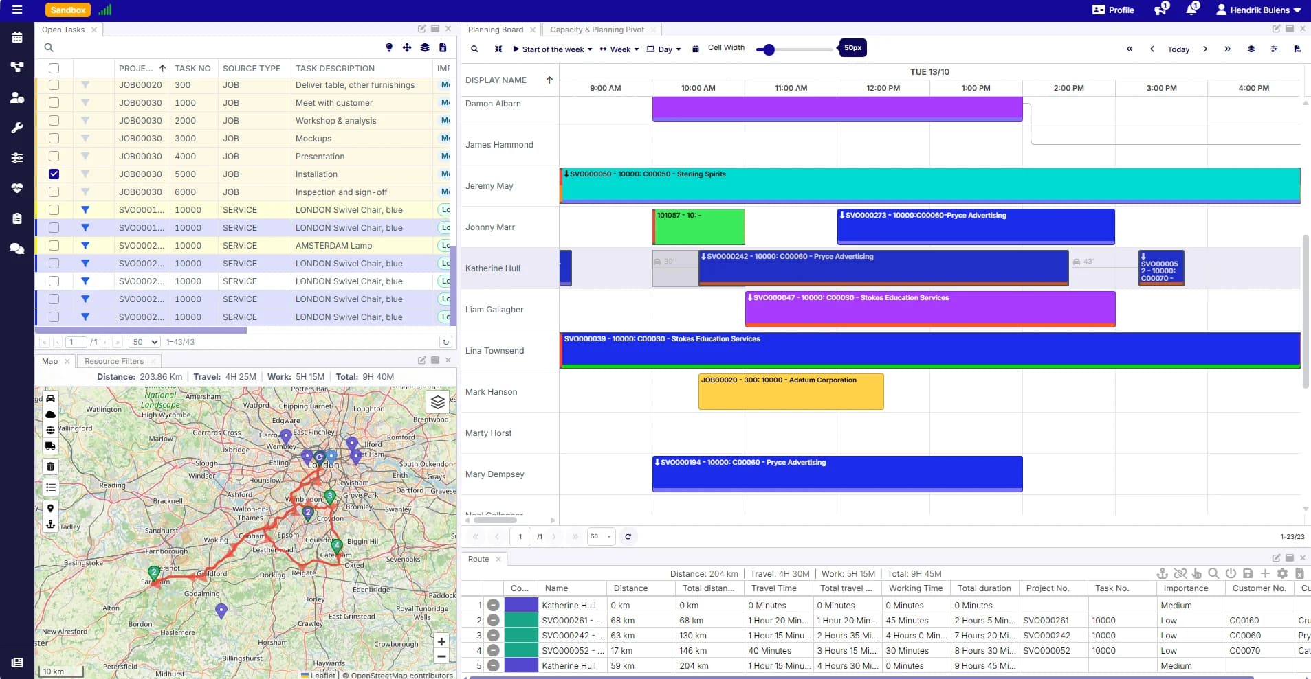 Planning board with service orders, project work, and a production order side by side for each person