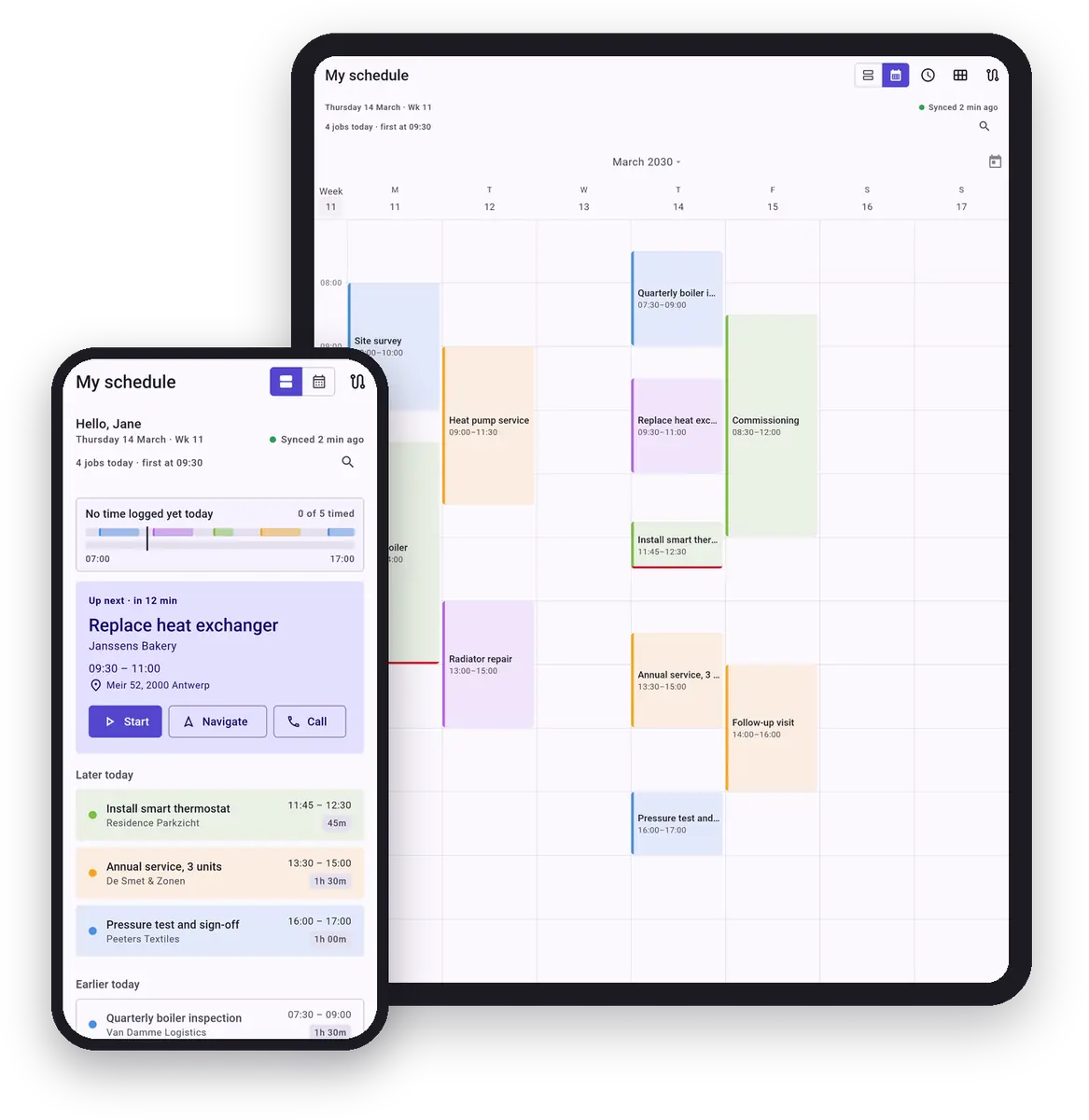 Dime.Scheduler app showing a personal schedule on a phone and a tablet