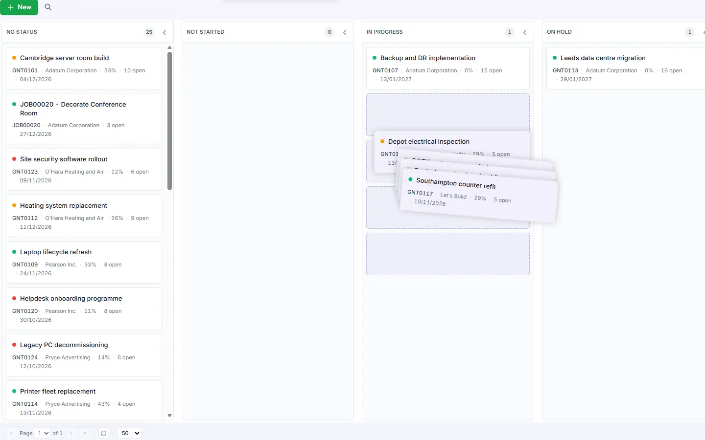 Kanban board of projects in columns by status