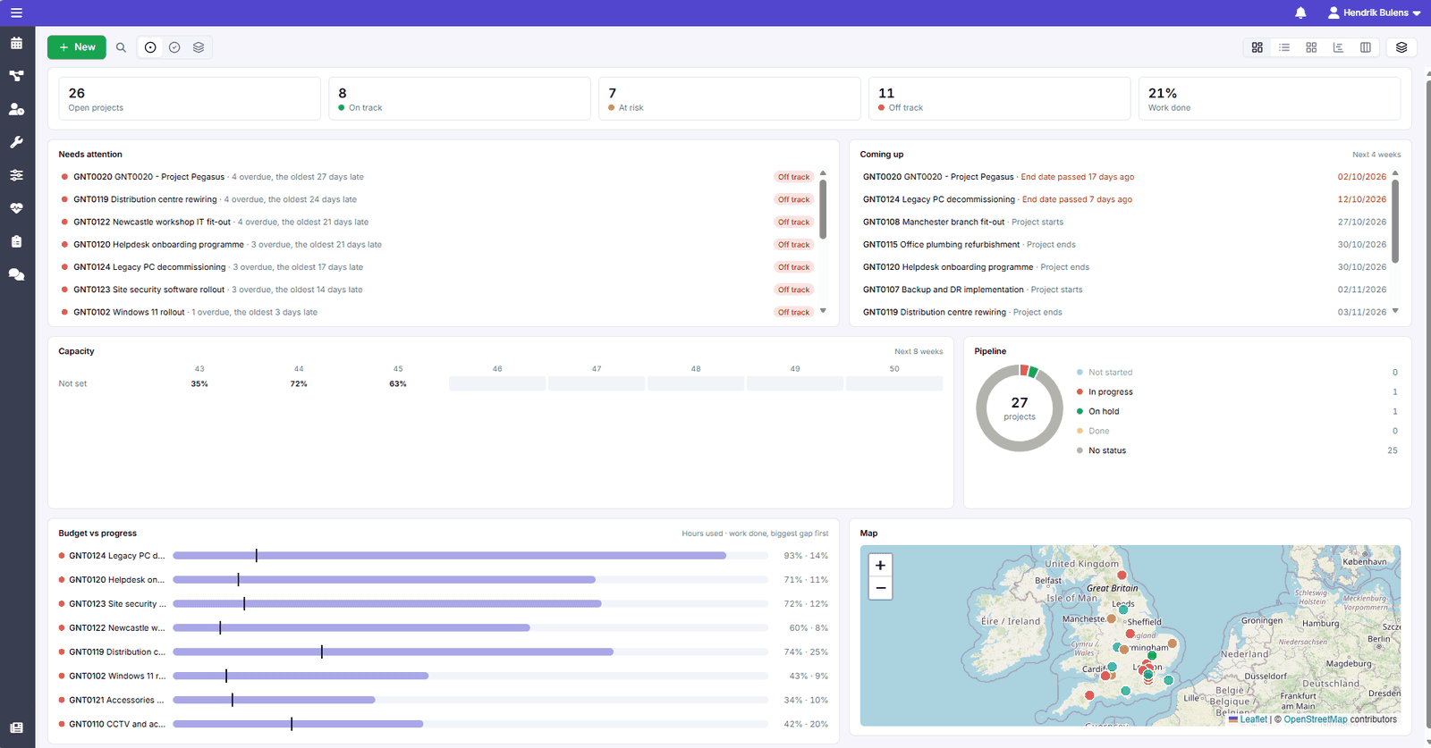 Portfolio dashboard with project health counts, projects that need attention, upcoming dates, capacity, budget versus progress, and a map