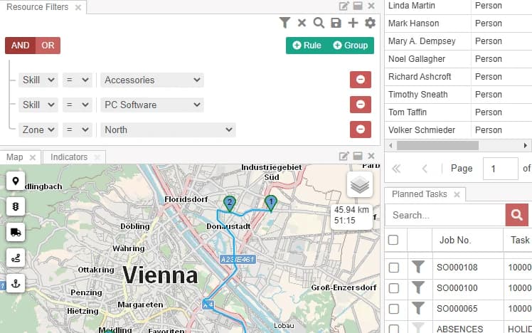 Filters on skills and zone, next to a map with a planned route