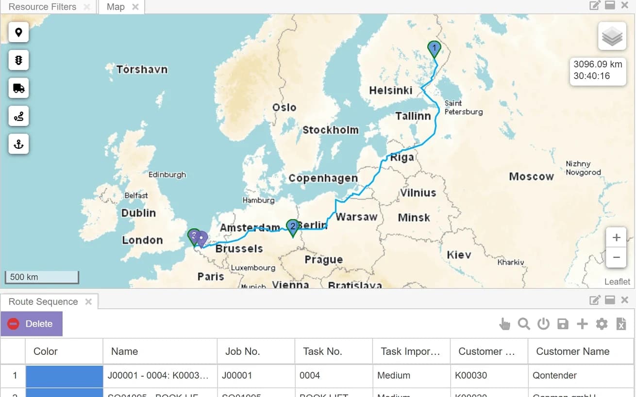 Map with a planned route and its distance and driving time, above the list of stops