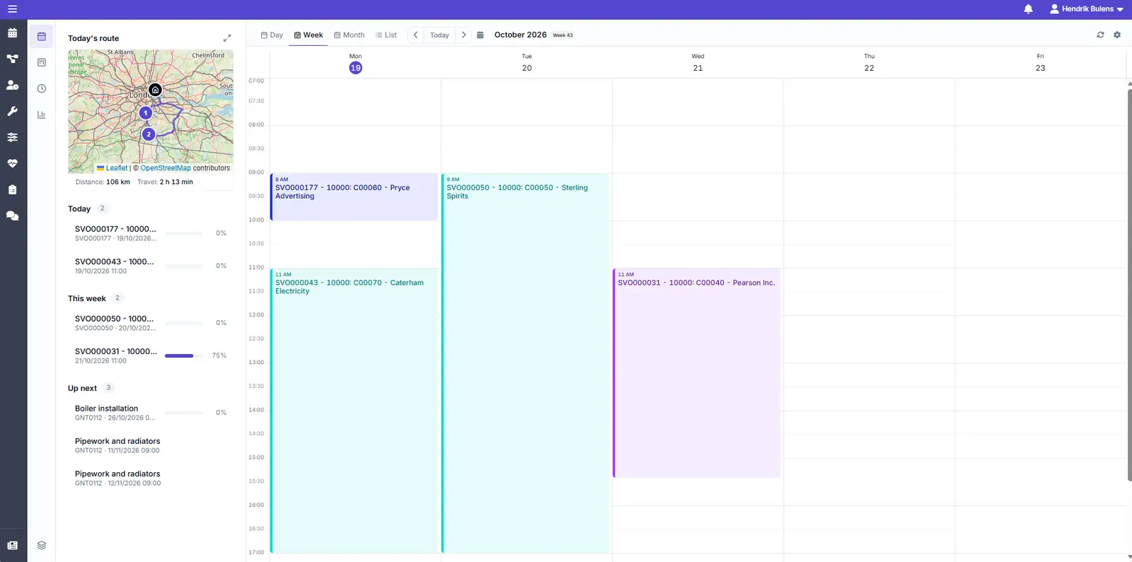Personal weekly agenda with appointments and the day's route on a map